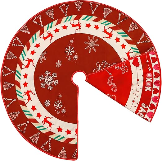 Christmas Tree Skirt Valentine's Day Tree Skirts Red Double-Sided Print Mat with Snowflake Reindeer Love Heart Pattern for Holiday Party Decoration (Christmas/Valentine's Day, 48")