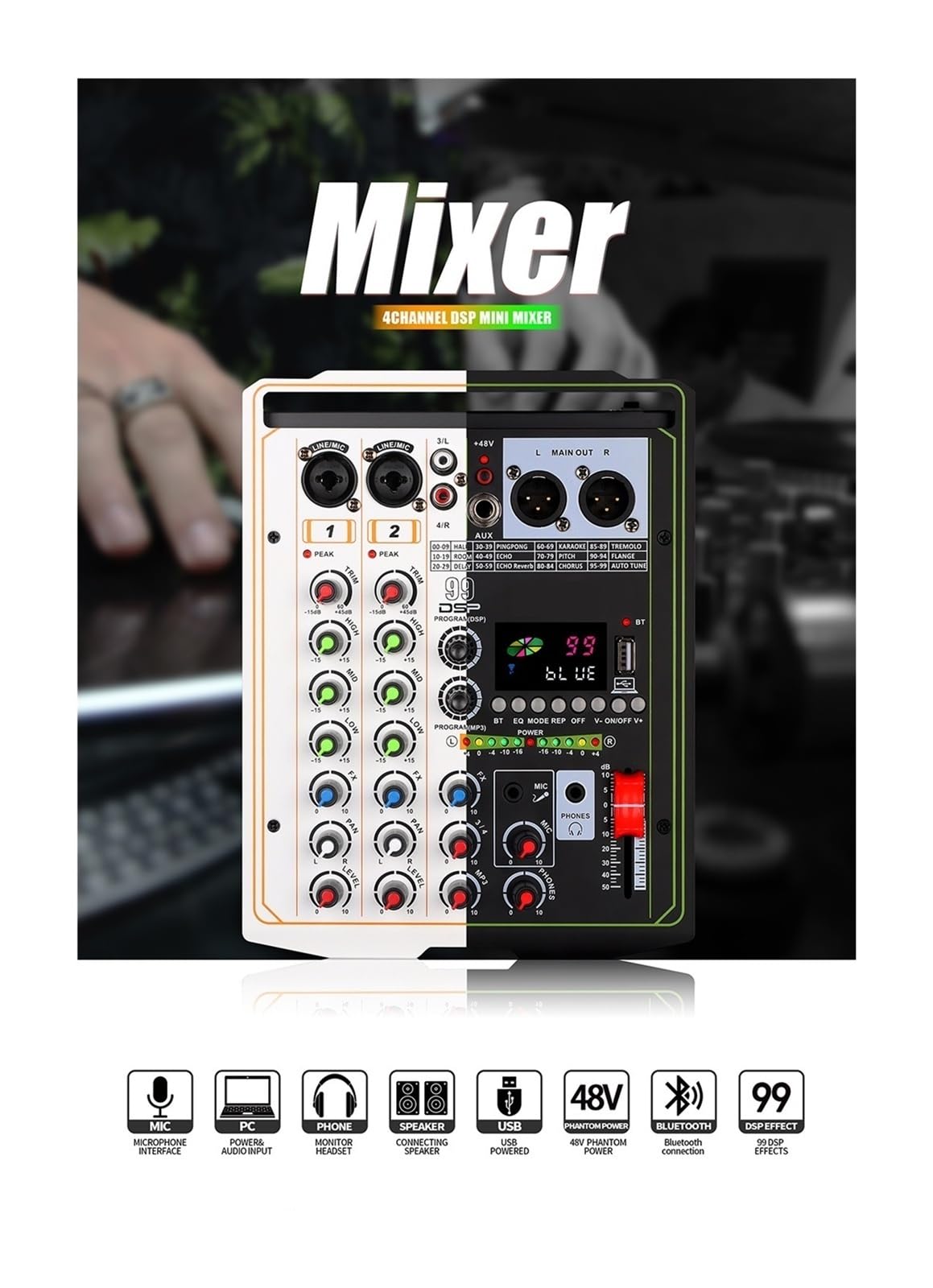 Mikser dźwięku, 99 DSP Mikser efektów 4-kanałowy przenośny 48V Phantom Power Monitor DJ konsola do profesjonalnego studia(White)