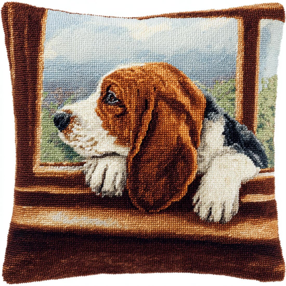 Kitquiver Animal Latch Hook Cushion Kits Dog On The Windowsill DIY Latch Hook Kits Pillowcase Embroidery,Knitting,Gift for Adults/Beginners 17x17In