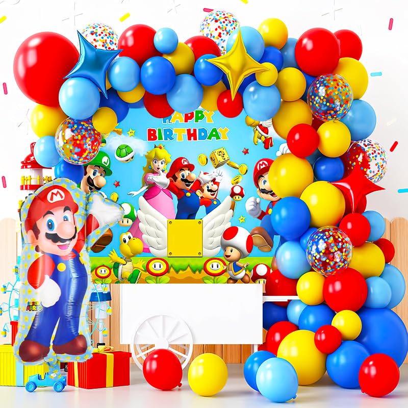 115 Pcs Mario Balloon Arch Kit, Mario Decoration Set, blue, red and yellow latex balloons,Mario Foil Balloons and background, for Game themed birthday Decoration