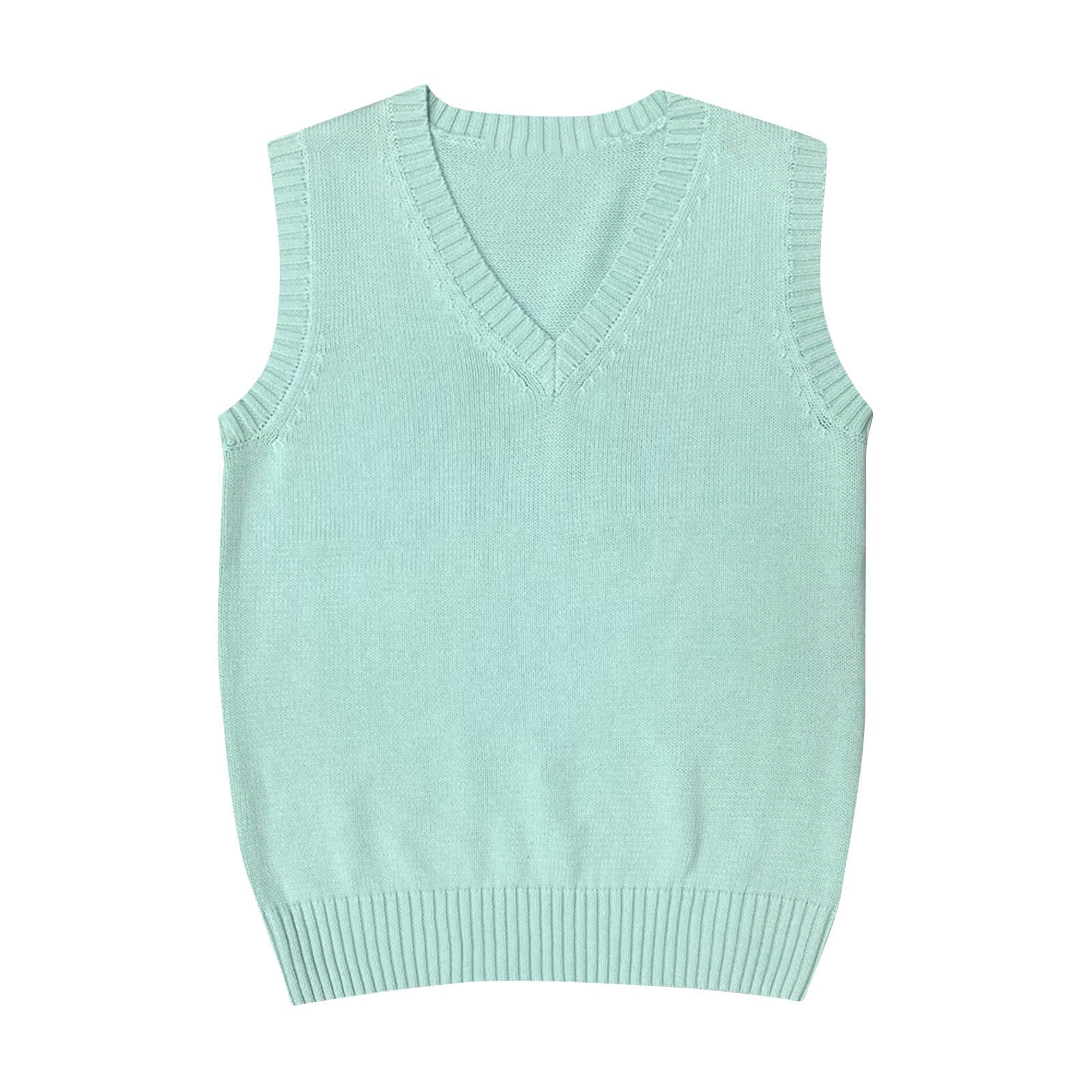 Huytertdr Women's Mint Green Sleeveless Jumpers Casual V- Neck Knit Tank Tops Chunky Classic Pullover Vest Elegant Rib Knitted Sweater Basic Knitwear