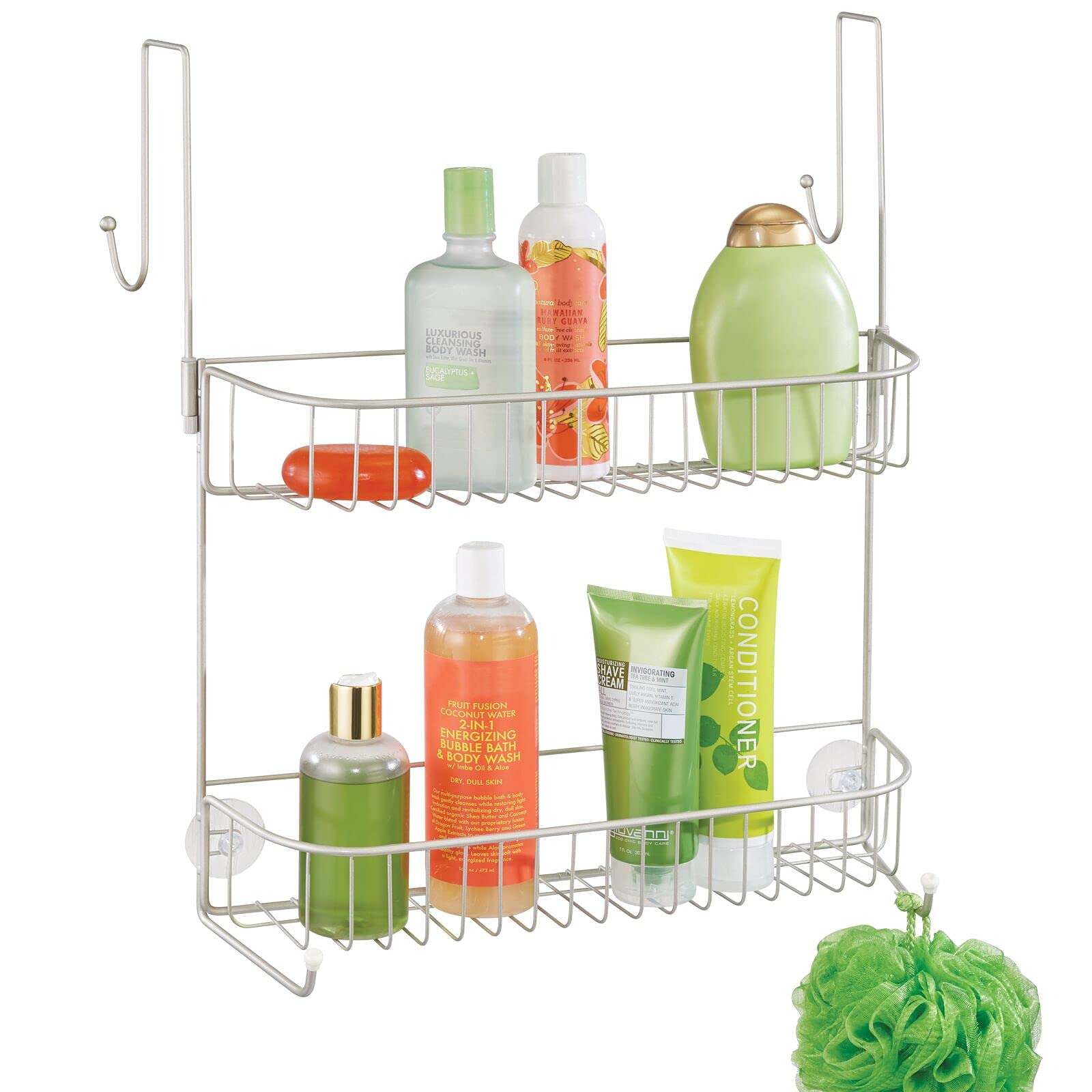 mDesign Extra Wide Metal Wire Over the Bathroom Shower Door Caddy Hanging Storage Organizer with Built-In Hooks and