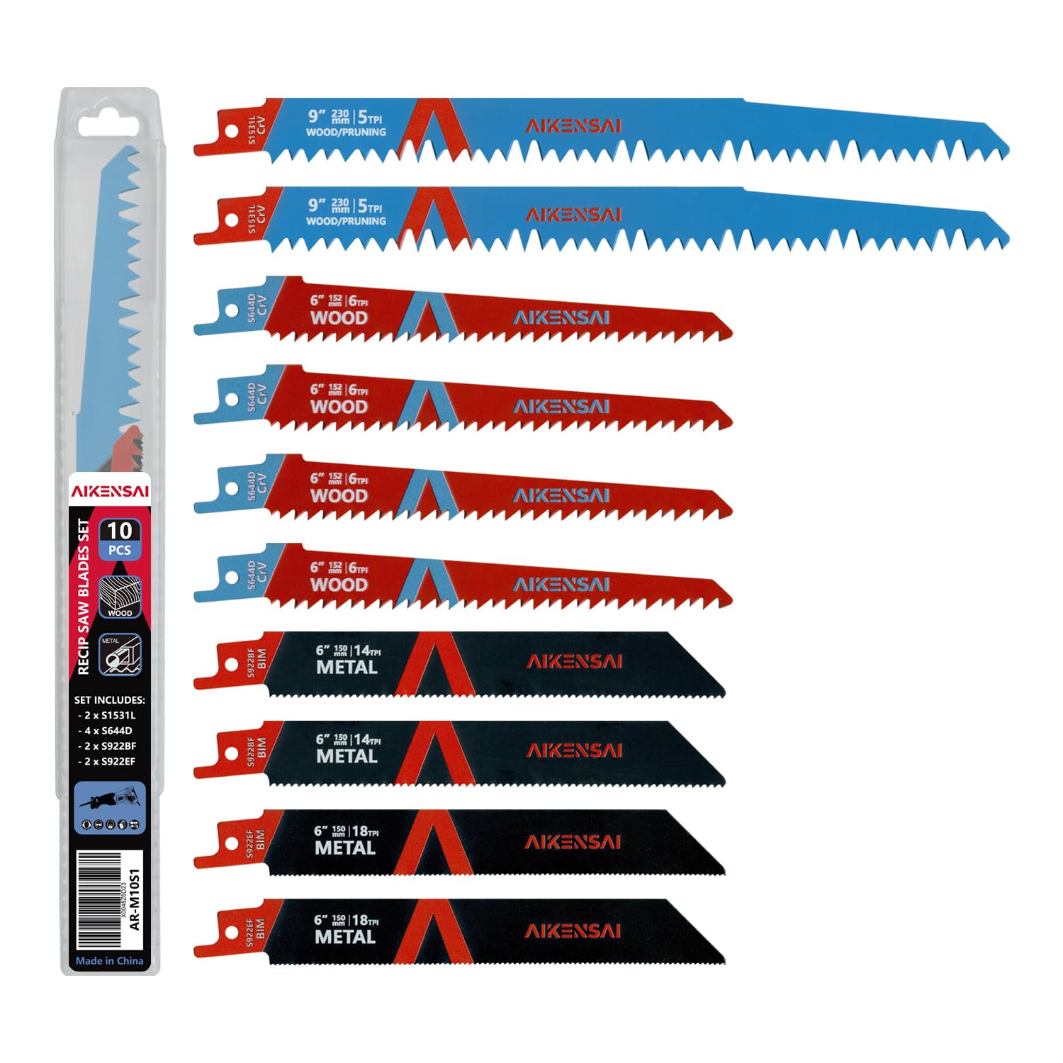 AIKENSAI 10-Piece Reciprocating Saw Blades Assortment Wood Pruning Metal | Mixed Reciprocating Blades Set with Organizer Tube Compatible with Milwaukee Sawzall and Power Recip Saws