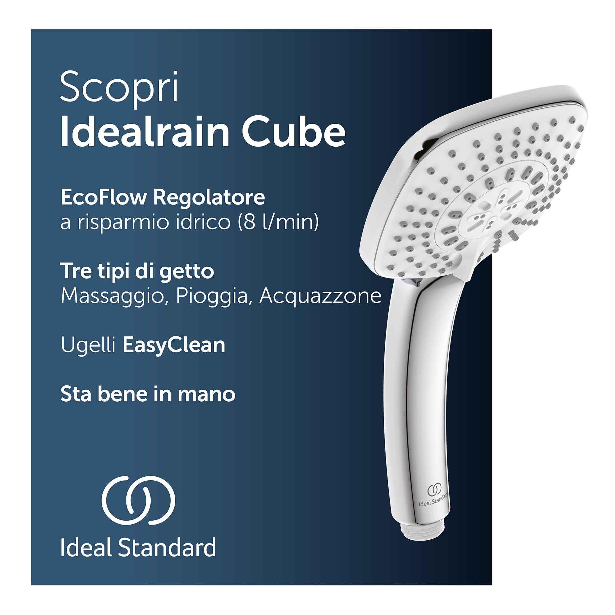 Ideal Standard – Doccia a mano Idealrain Cube, soffione doccia a risparmio idrico con 3 tipi di getto (pioggia, cascata e massaggio) tramite interruttore rotante, cromato