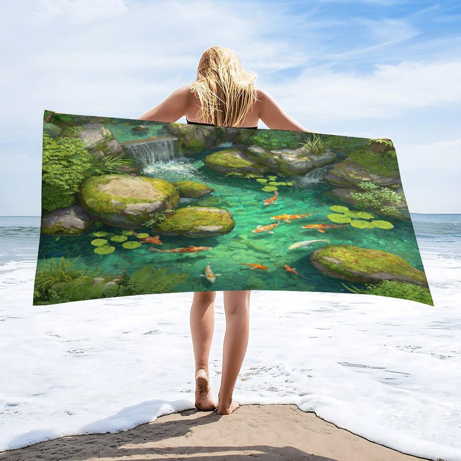 Luyysky Rustic Retro Japanese Fish Absorbent Beach Towel, Vintage Aesthetic Waterfall Plant Lotus Leaves Animal Fish Outdoor Single-Sided Velvet Beach Towel-80 W Cm X 160" L Cm