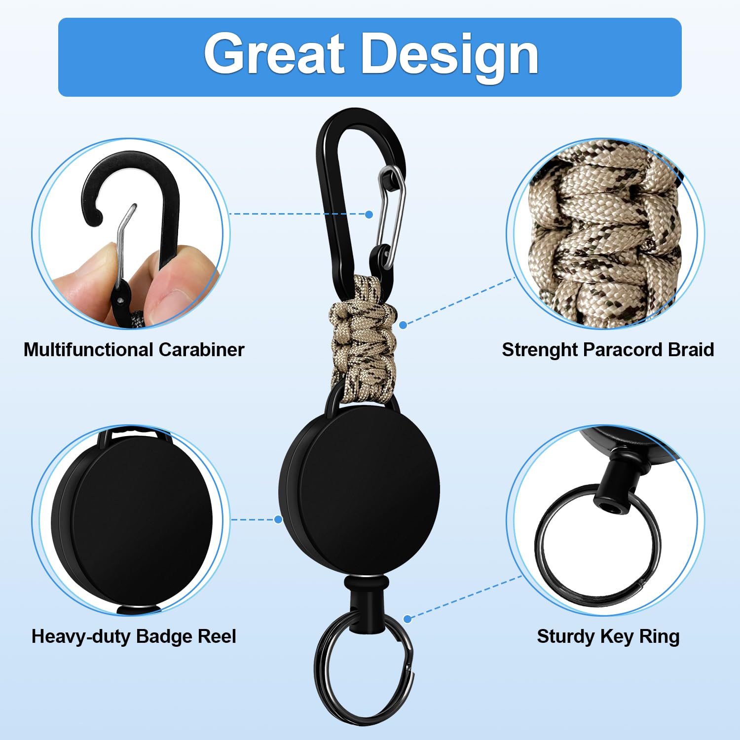 Retractable Keychain 3 Pack Heavy Duty Carabiner Badge Holder Extendable Reel ID Badge Holders Retractable for Keys Ring with 60 cm Steel Cord and Lanyard (): Blue+beige+mixed Orange