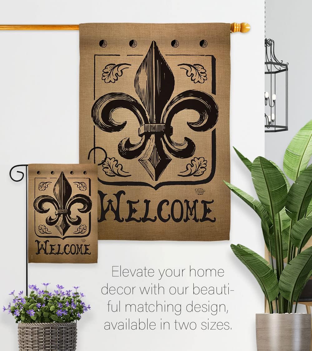 Welcome Fleur De LYS Garden House Flag - Set Country Living Vintage Flower Lily Lis French Party Mardi - Decoration Banner Small Yard Gift Double-Sided Made in USA 28 X 40