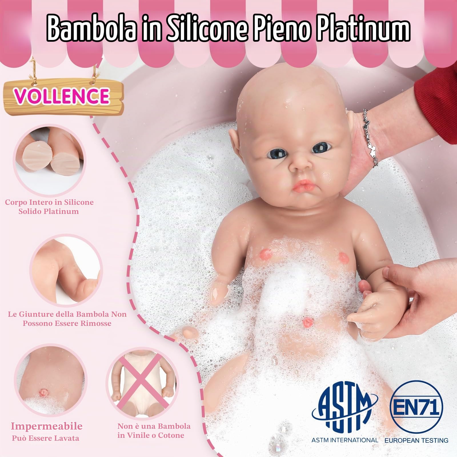 Vollence Bambola Neonata 48cm in Silicone, Non Bambola in Vinile, Neonata Realistica, Regalo Antistress - Ragazza
