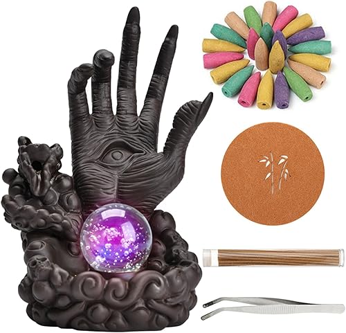 Quemador de incienso de reflujo, quemador de incienso de cascada, decoración de manos y ojos de diablo, soporte de incienso de cerámica con 20 conos