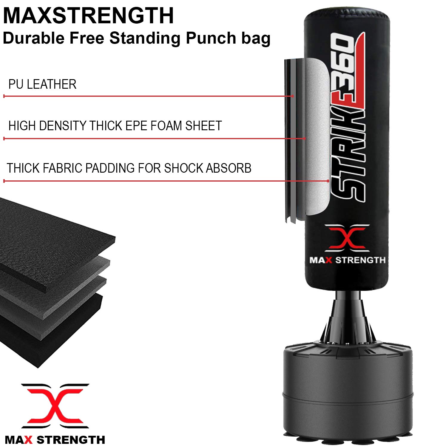 MAXSTRENGTH Wolnostojący stojak do worka bokserskiego o długości 1,2 m – doskonałej jakości wytrzymały worek bokserski dla dzieci / kickboxing / at/sprzęt MMA (czarny)