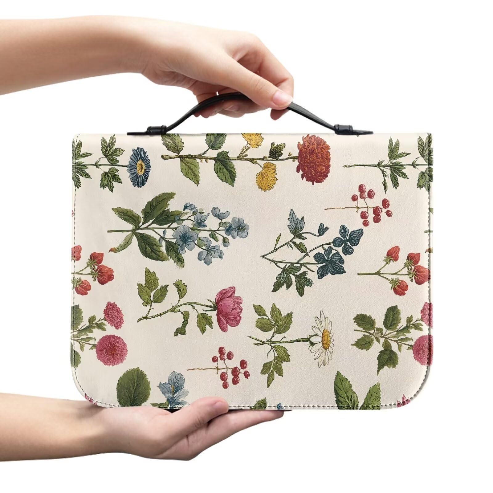 Kuiaobaty Botanical Flowers Bible Cover for Women Bible Holder, Flower Painting Carrying Book Case Church Bag with Handle, Zipper Pocket, Beige,M — image 1
