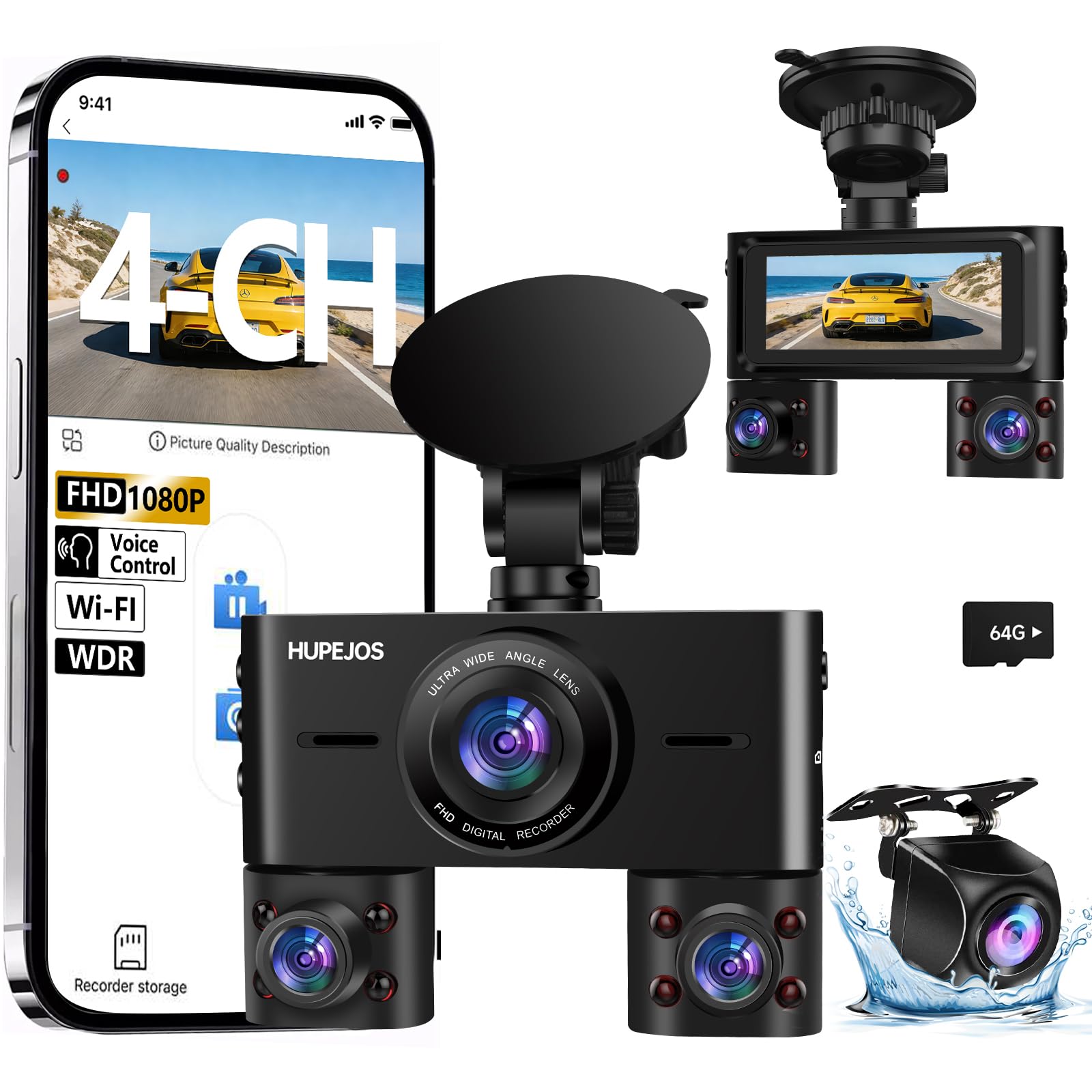 360° Dash Cam Front and Rear Inside, 4 Channel Dash Camera for Cars FHD 1080Px4, Built-in Wi-Fi, 3.16” IPS Screen, WDR Night Vision, Voice Control, Included 64GB Card, 24H Parking Mode