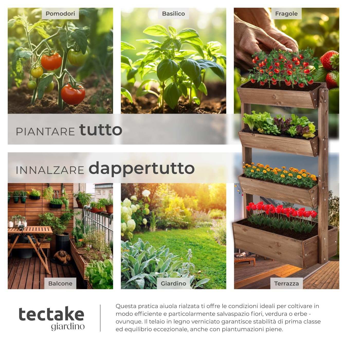 tectake® giardino verticale, fioriera da esterno in legno, orto verticale, giardino verticale, per erbe aromatiche, fiori, verdure, fioriera da balcone, porta piante85 x 45 x 140 cm - Marrone