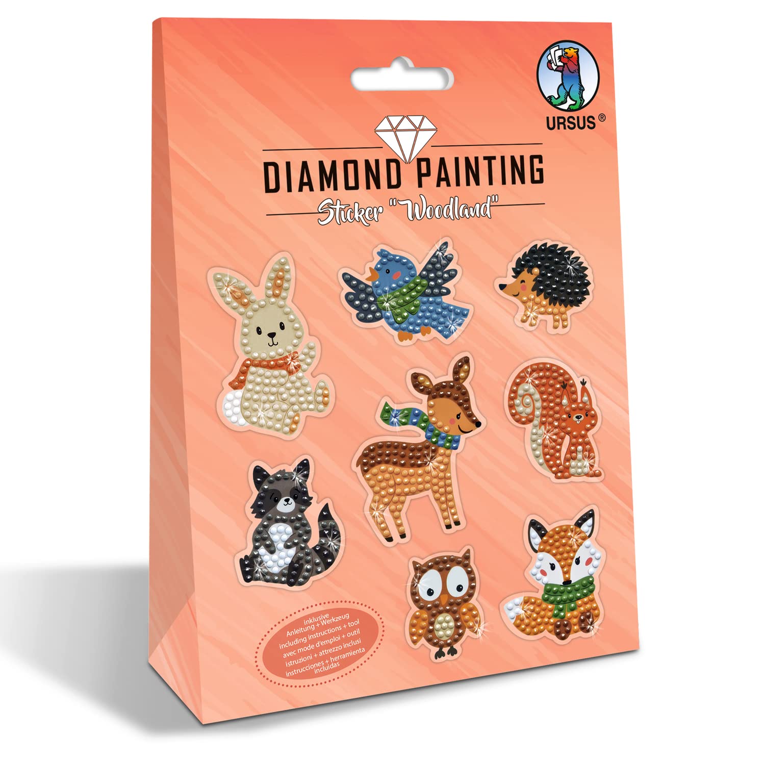 Ursus 43500011 - Diamond Painting Sticker Woodland zum Gestalten von Stickern mit funkelnden Diamanten, 2 Stickerbogen ca. 15 x 10 cm, mit Zubehör