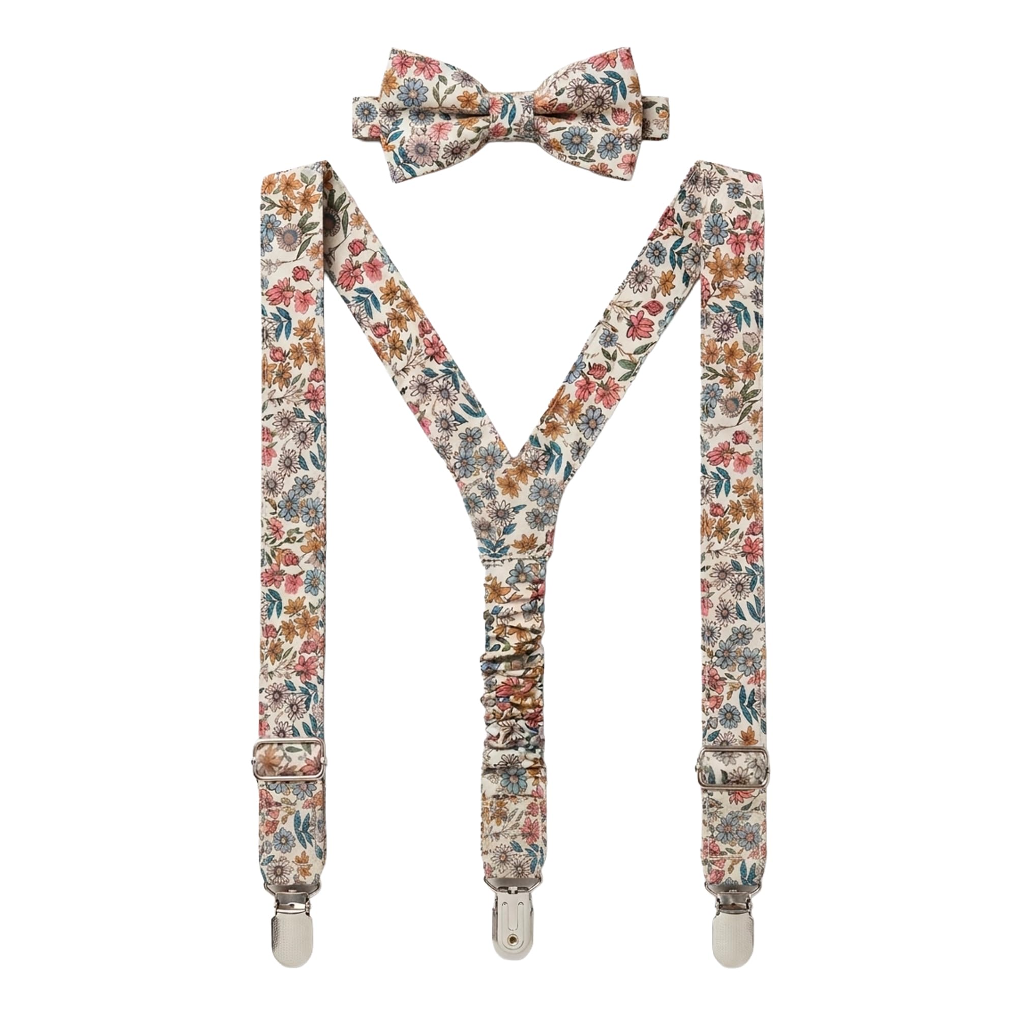 QUEMONO! Pack Tirantes y Pajarita Niño 100% Algodón Estampado Floral | Tirantes Ajustables Clips Metálicos, Semillas Azules, Grande | 8 a 16 años