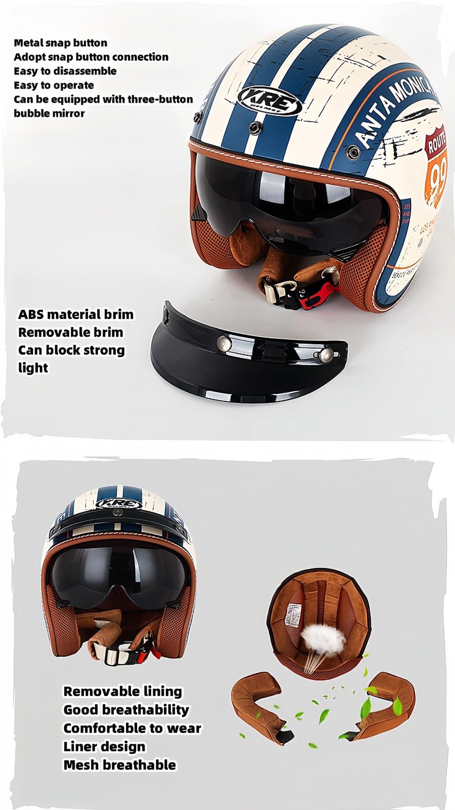 Jethelme 3/4 Halber Motorradhelm, Retro-Motorradhelm, DOT/ECE-Zugelassener Retro-Jet-Helm Für Damen Und Herren, Moped, Motorrad, Helikopter