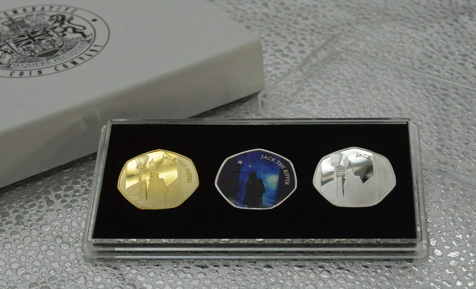 The Commemorative Coin Company Silver, Gold Trio Of Jack The Ripper Commemoratives In Gift Box/Case With Triple Display/Presentation Stand. Whitechapel, 1888