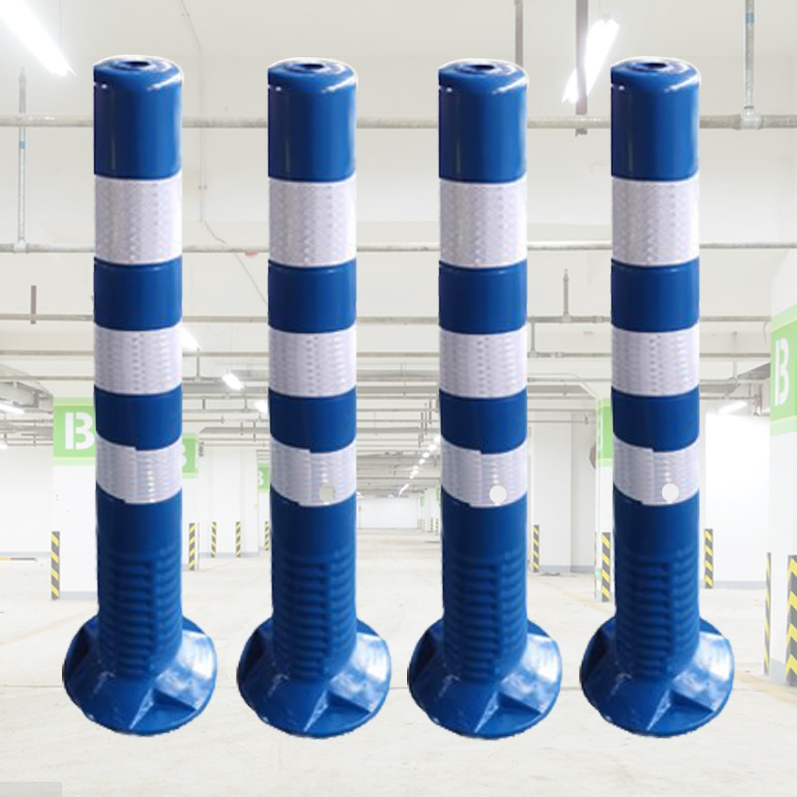 Parking Barrier, Plastic Safety Bollard Post 4 Pack, Flexible Parking Space Blocker, Driveway Road Garage Lot Warning Barrier Cones, 76Cm / 30In Height H H,Yellow An,Blue and White-76cm (30in) H
