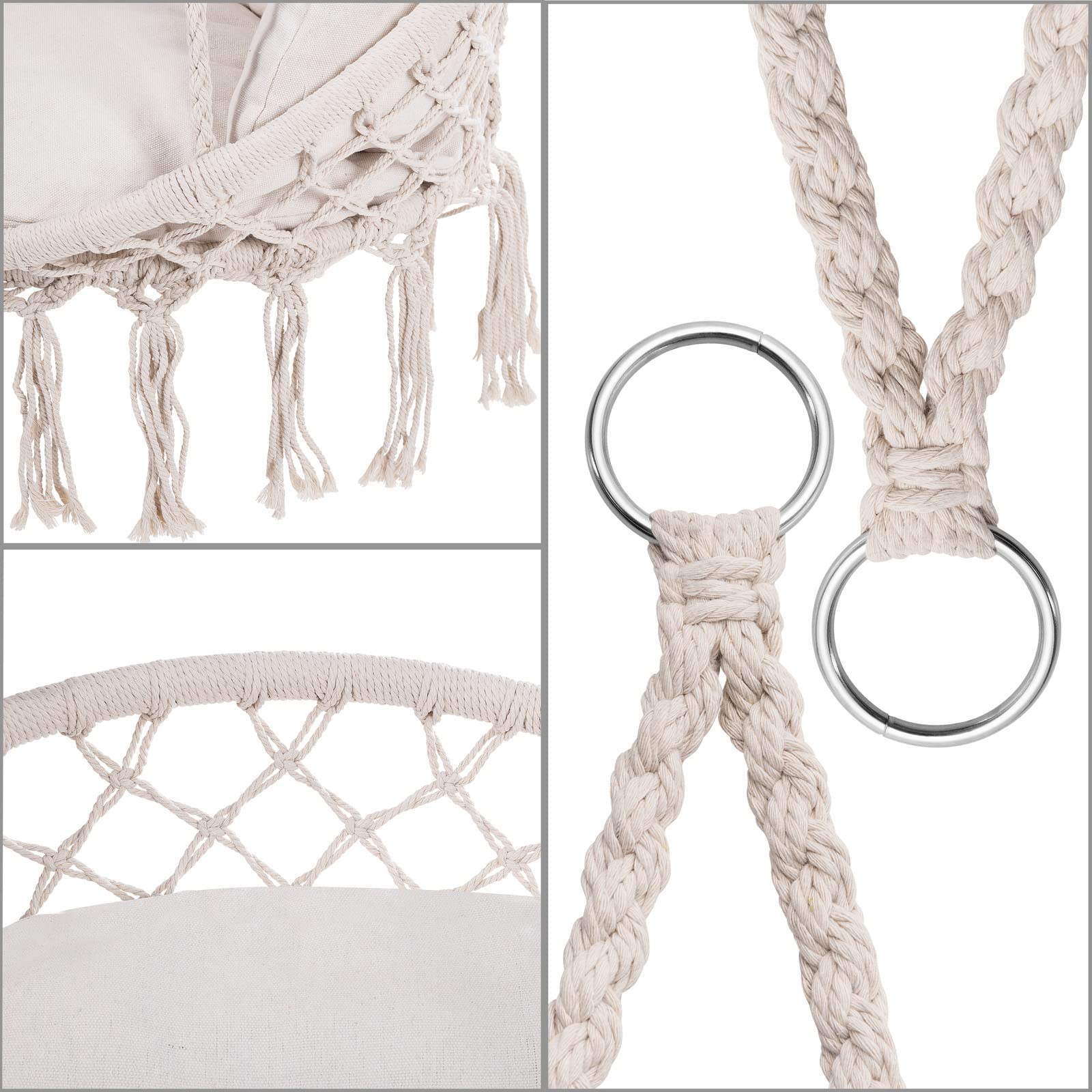 DETEX® Sedia Sospesa 2 Cuscini a Dondolo Max 150 kg Ø 60 Certificato GS cm Resistente per Interni Esterni Design Boho Poltrona da Appendere