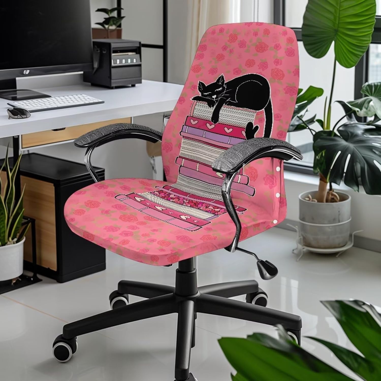 Black Cat Office Chair Covers Removable Computer Chair Slipcover Universal Office Chair Seat Cushion Covers Rotating Desk Chair Slipcover Stretch Boss Chair Seat Cover,S