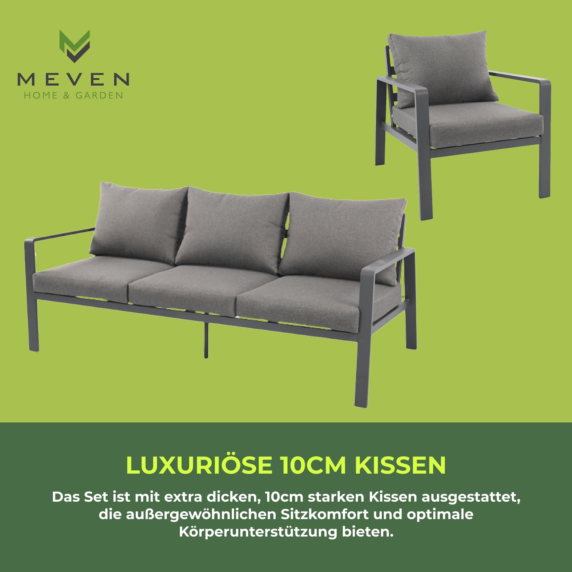 MEVEN Aluminium Gartenmöbel Set Aruba für Garten und Terrasse - leichte Lounge Möbel mit 10cm Kissen - Terrassenmöbel Set mit Sofa und Tisch - Balkonmöbel Set - Terassenmöbel Set