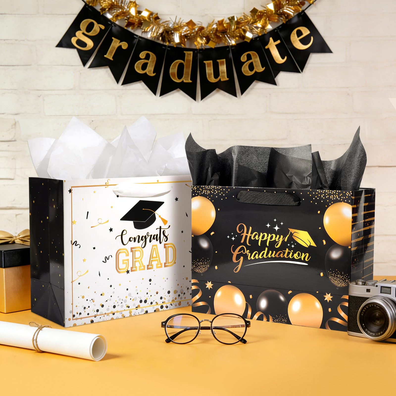 Nihuecne 13" Graduation Gift Bags with Tissue Paper, 4 Pack Paper Gift Bags with Handles for College & High School Graduates Grad Party, 4 Designs
