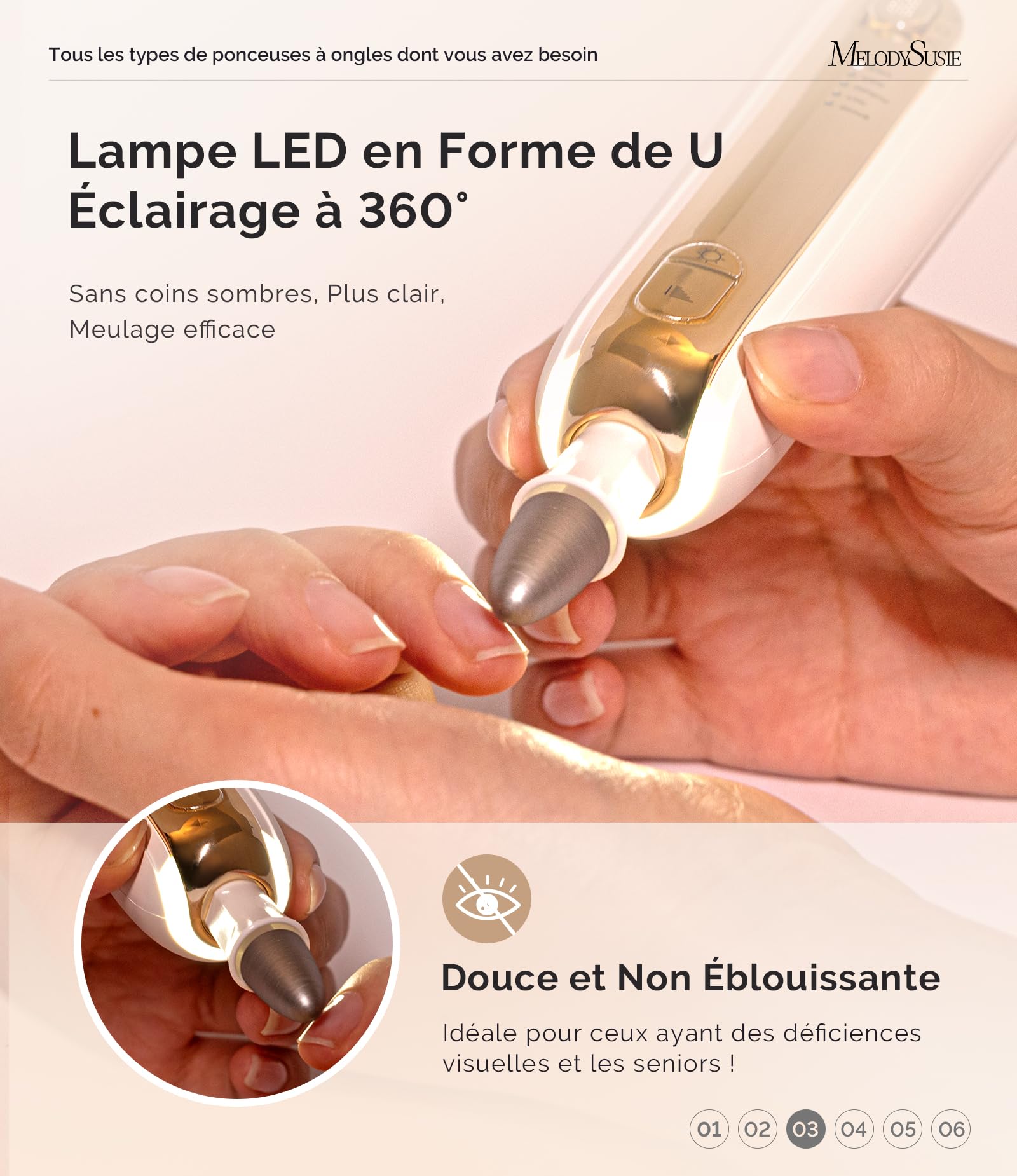 MelodySusie ponceuse pour ongles PC760G , Kit Manucure Pédicure avec 8 Embouts & Lumière LED 360°, 5 Vitesses Réglables, Rechargeable Sans Fil pour Soins à Domicile (Blanc&Or)
