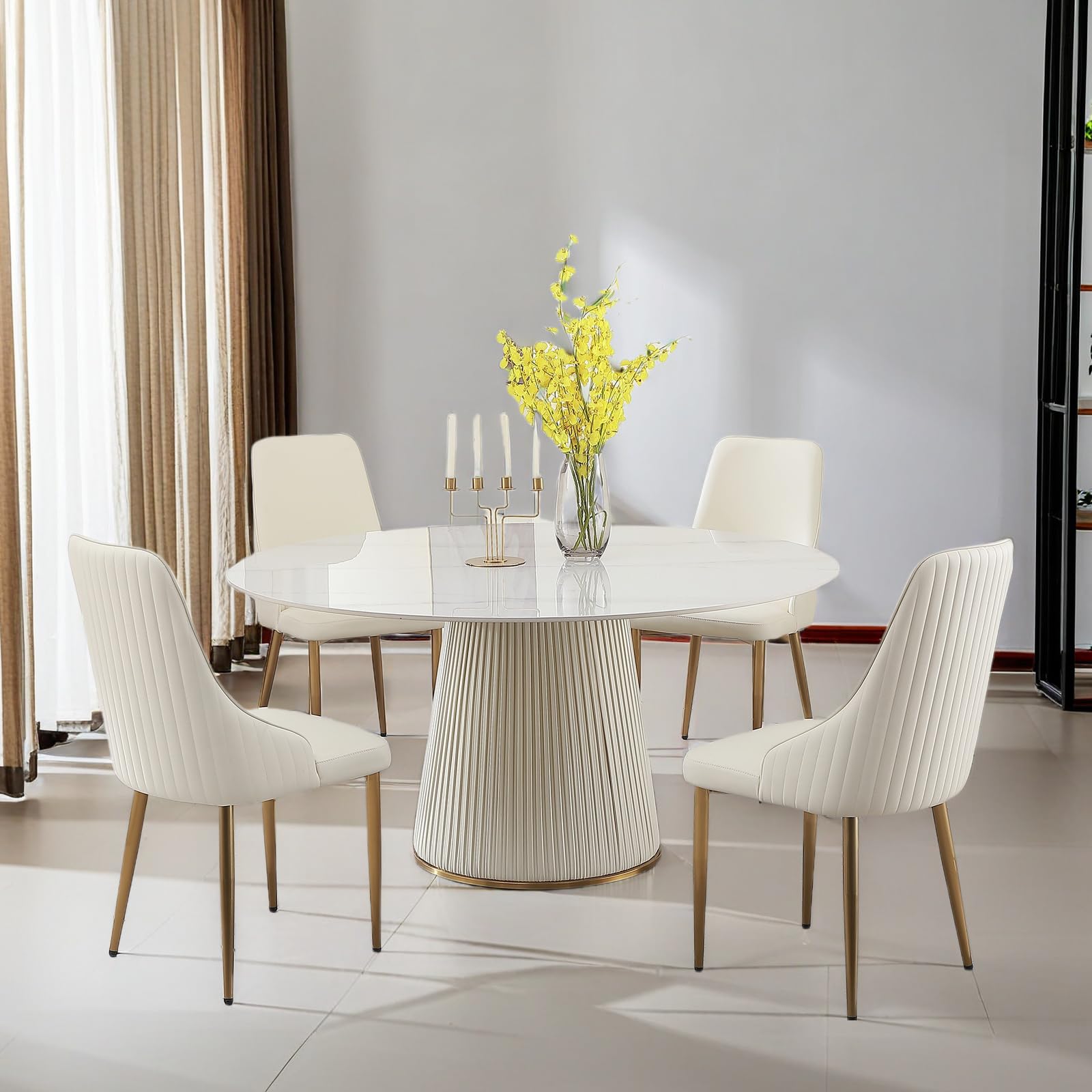Round Dining Table Set for 4, 53" White Dining Table Set, Space Saving Kitchen Marble Table, Sintered Stone Round Table with 4 Beige Chairs