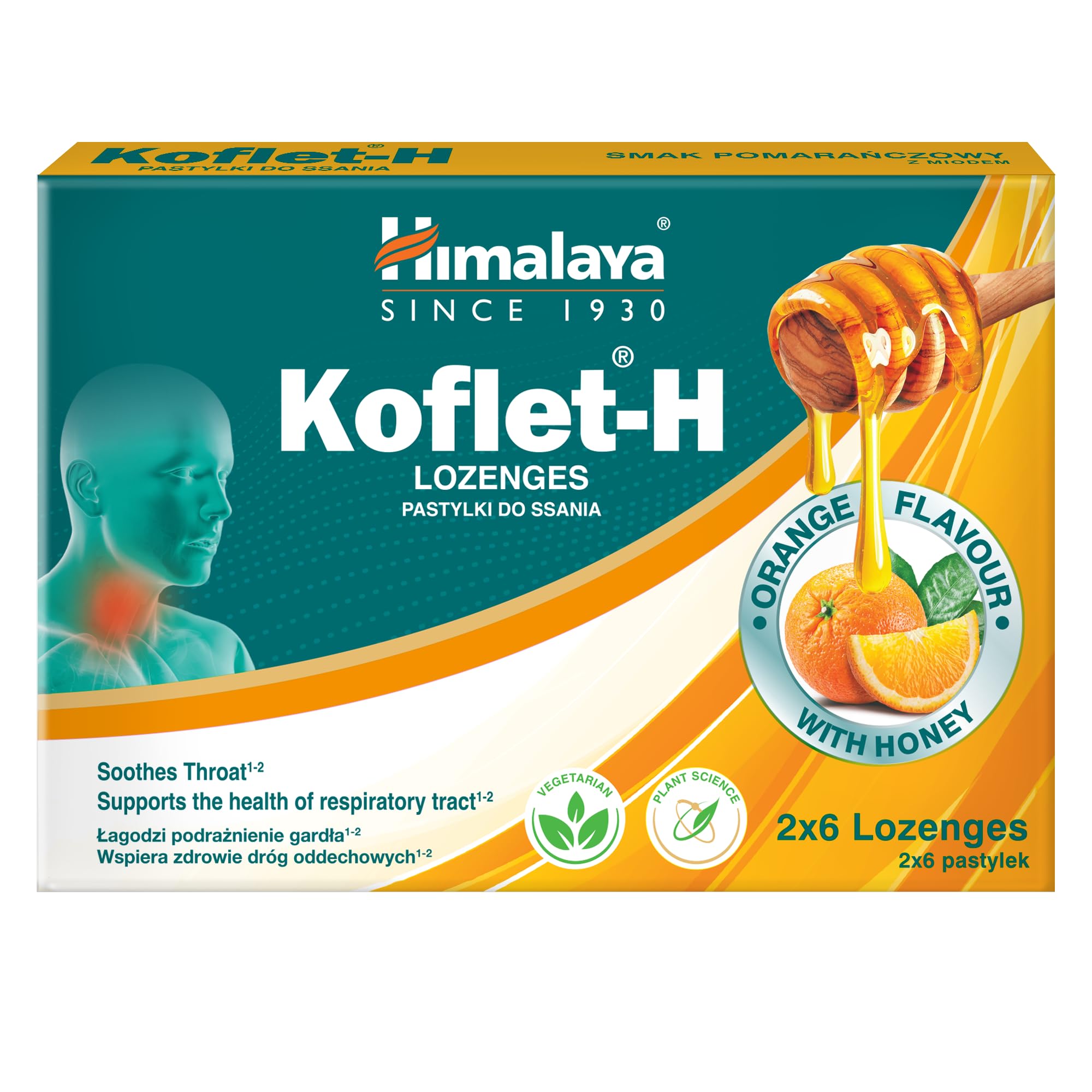 Herbals Koflet-H Lozenges Orange Flavor Fortified with Honey, Ginger and Essential Oils, Cough Drop for Warming Relief and Soothing Throat Comfort, Herbal Active Formula - 12 Lozenges