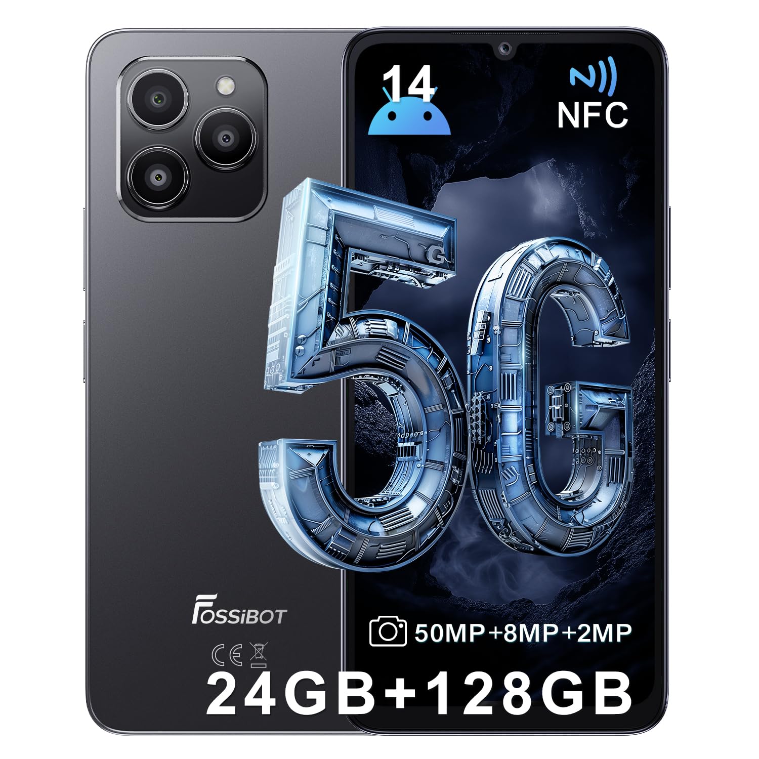 FOSSiBOT5G Smartphone, Android 14 NFC Cell Phone, 24GB+128GB/1TB, 6.745" HD+ Display, 50MP+8MP+2MP Camera, 4900mAh, SIM-Free & Unlocked Mobile Phones, 5G Dual SIM/Face ID/Fingerprint/GPS/OTG (Black)
