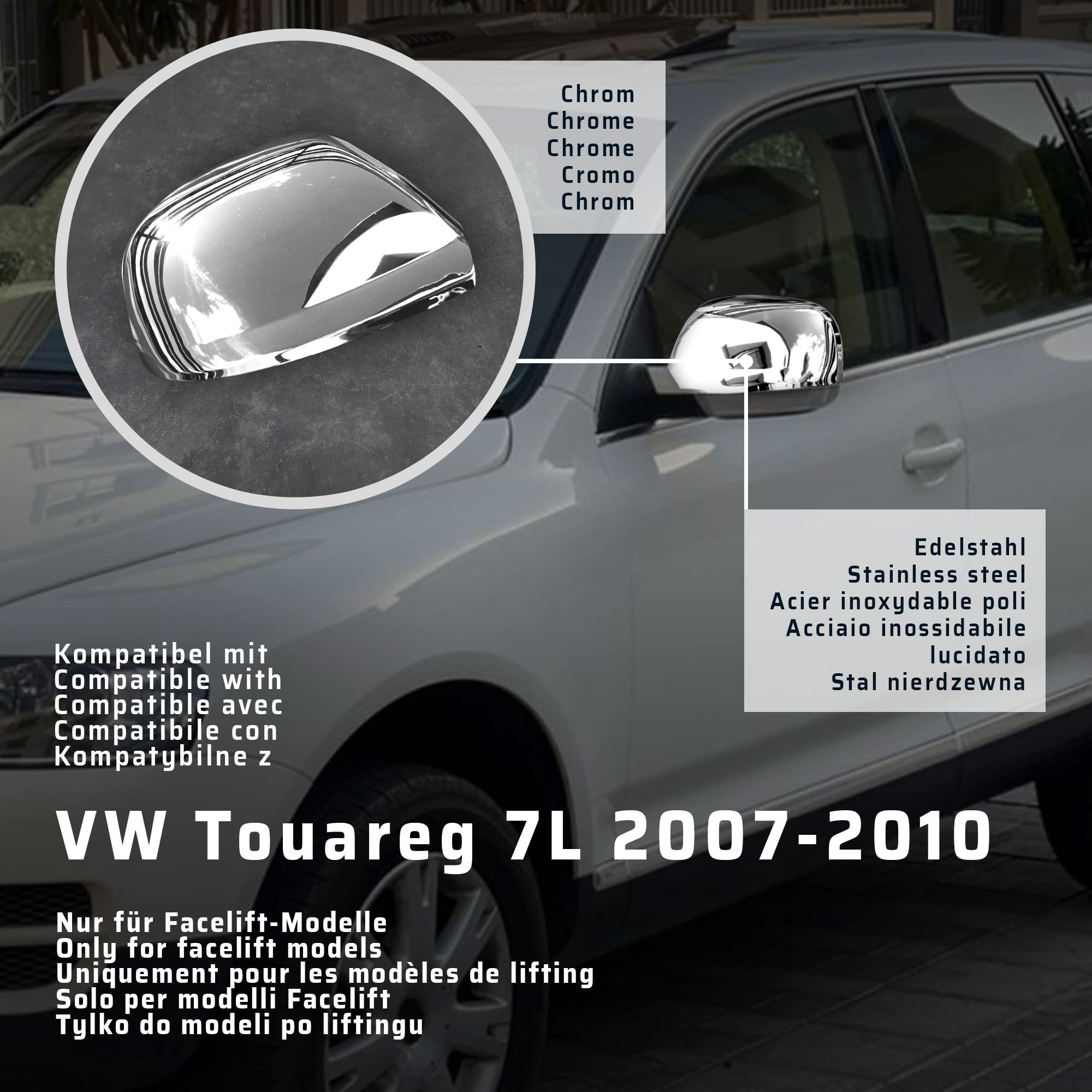 CHROMEMASTER | Nakładki na Lusterka Zewnętrzne | Kompatybilne z VW Touareg 7L 2007-2010 | Stal nierdzewna; Osłony Lusterek to Niepowtarzalny Wygląd Auta i Ochrona Przed Uszkodzeniem