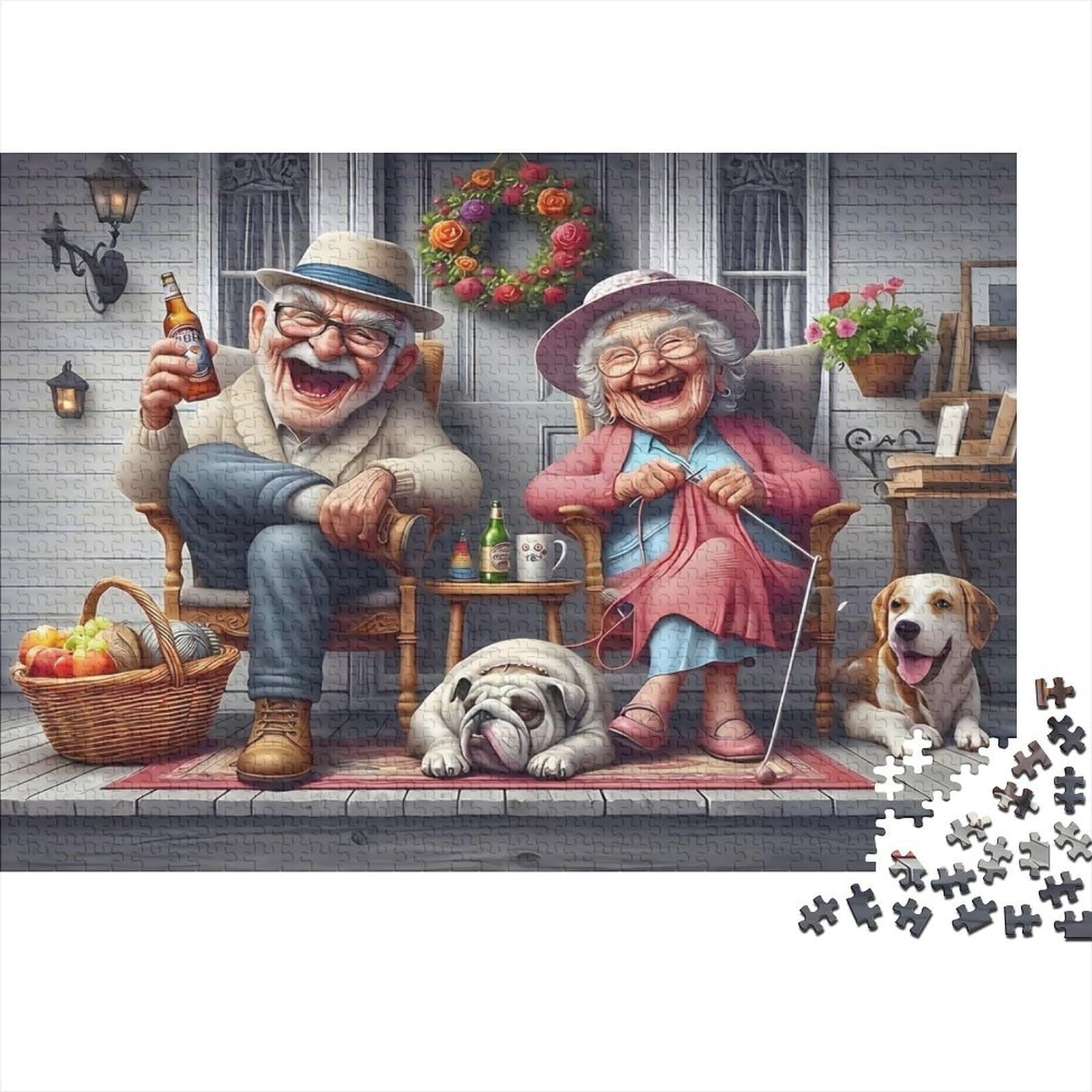 Funny Elderly Couple Jigsaw Puzzle 1000 Piece Jigsaw Puzzle Paper for Adults Cozy Porch Life Family Dogs Relaxing Home Decor Gift for Focus 38x26cm/1000pcs