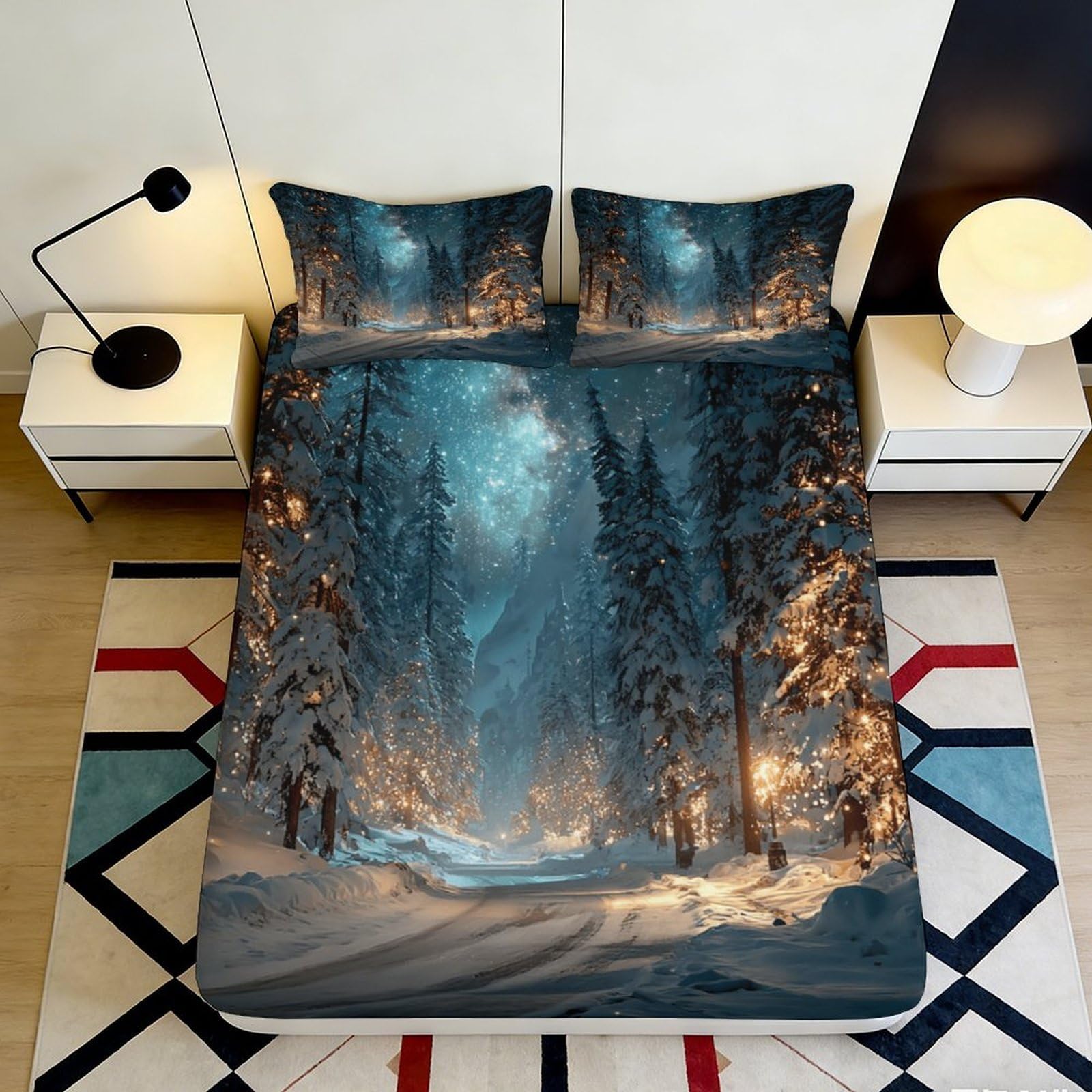 Jqzkxnhpbr Style-2 3D Printed Winter Night Forest Fitted Sheet Microfiber Soft Mattress Cover Snowy Landscape Bed Decor Protector 90X200x25cm