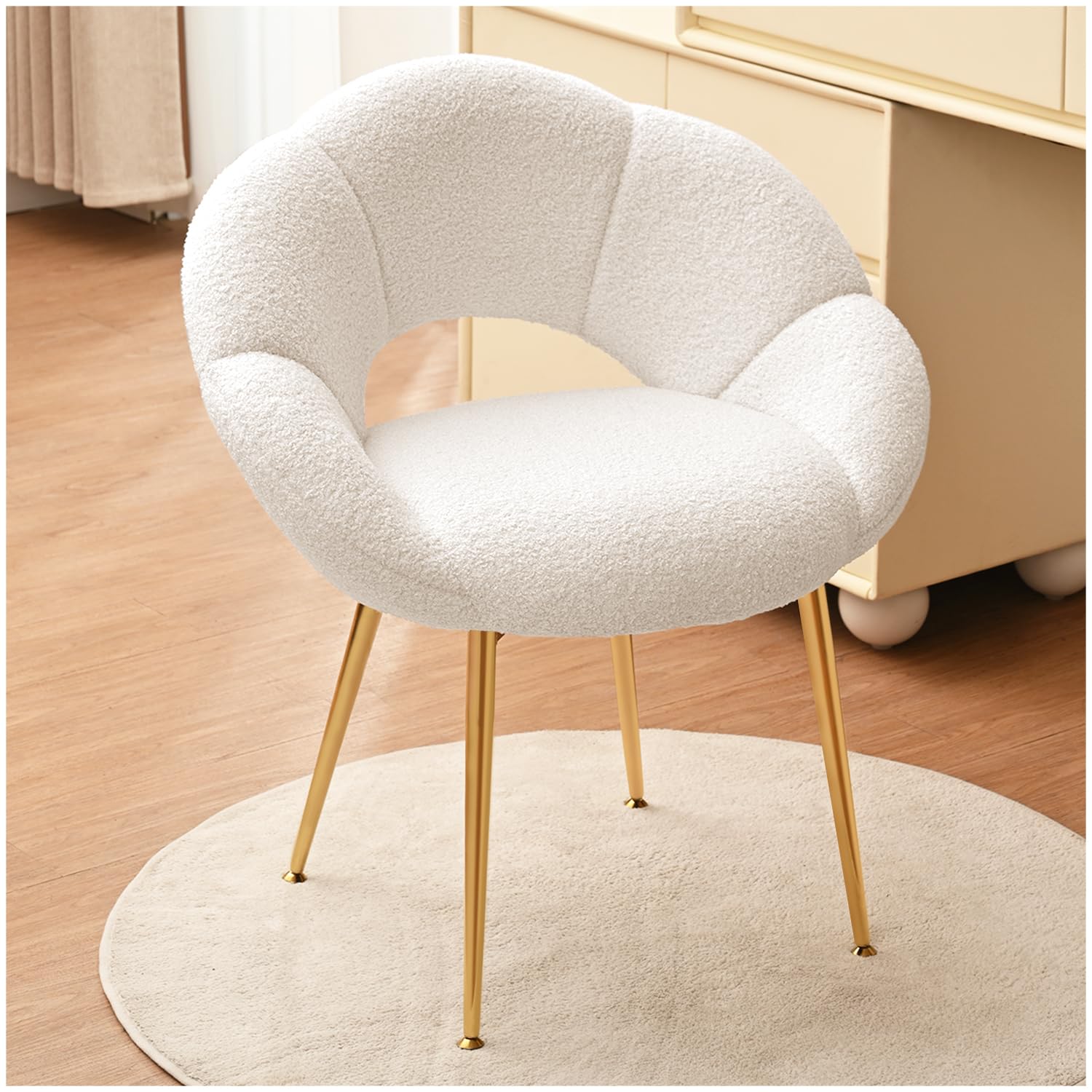 Schminktisch Stuhl, Teddy-Stoff Relaxsessel & Lesesessel, Schminkstuhl in Blumenform, Luxus Loungesessel für Arbeitszimmer, Schlafzimmer, Wohnzimmer, Balkon (Teddy-Stoff, Beige)