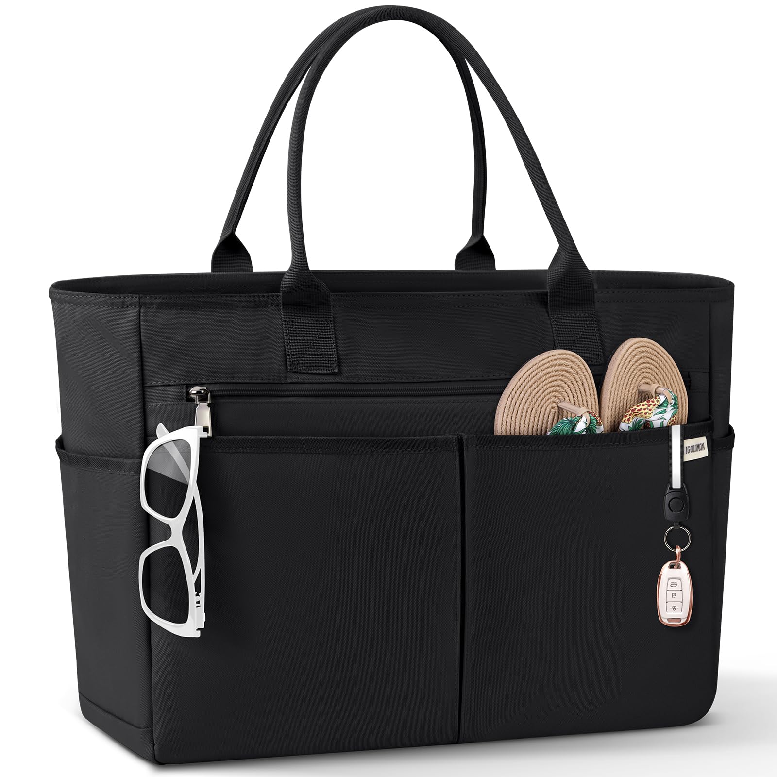 IGOLUMON Bolsa Playa Grande XXL Familiar Shopper Bolso Playa Mujer con Cremallera Bolso De Hombro 40L Bolso de Tote para Playa Viajes Compras Negro