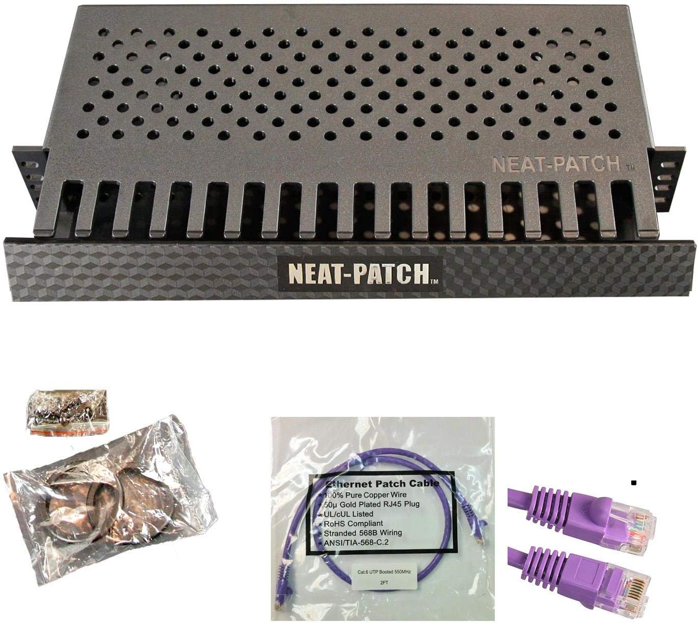 Neat Patch MINI 1U Low Profile Cable Management Kit - 10 Packs w/ 240 CAT6 Patch Cables (1FT Purple)