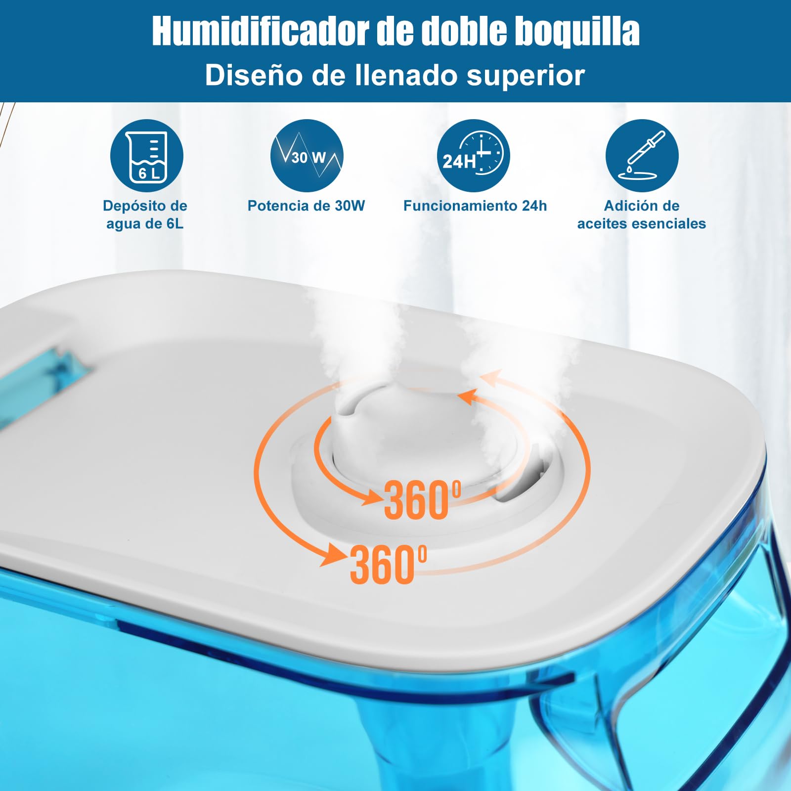 Bear Humidificador 6L Top Fill Humidifier, Temporizador, Modo Sleep, Humedad Constante, Disco Aromático, Boquilla Doble Giratoria 360°, 28db Ultra Silencioso