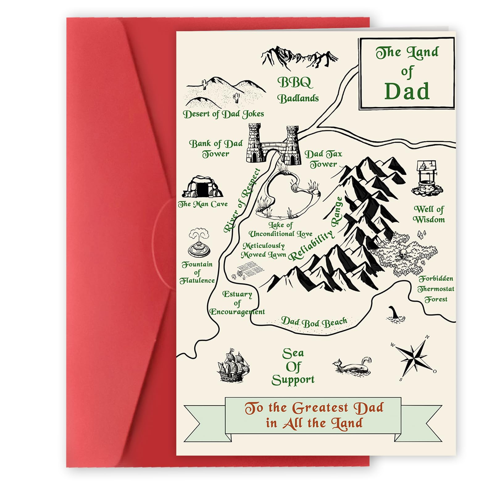 Bestmelo Funny Fathers Day Card – Land of Dad Map Design,Unique Vintage Style Fathers Day Cards for Dad,Happy Father's Day Gifts from Kids Daughter