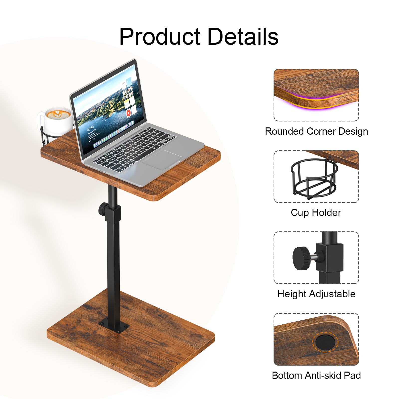 Giikin TV-Tablett, 360° drehbar, höhenverstellbar, TV-Tabletts zum Essen auf der Couch, Sofa-Armlehne, Beistelltisch für kleine Räume, Sofa, Bett, Abendessen, rustikales Braun