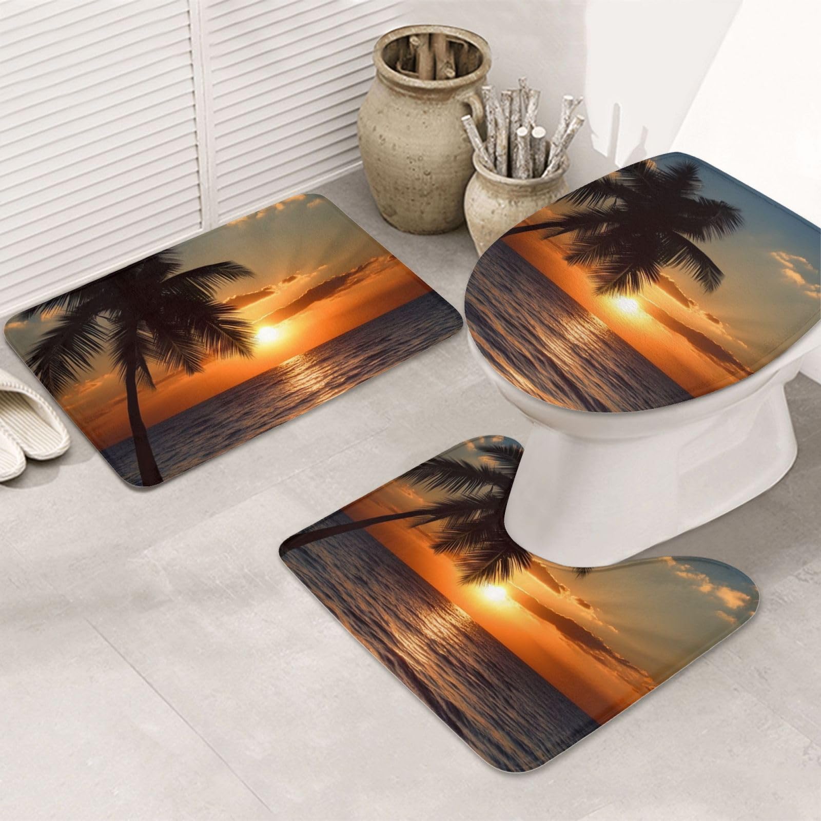 Dwrepo Sunset Palm Tree Ocean Print Bathroom Rug Set 3 piece with Non-Slip U-Shaped Contour Mat and Toilet Lid Cover for Bathroom Decoration