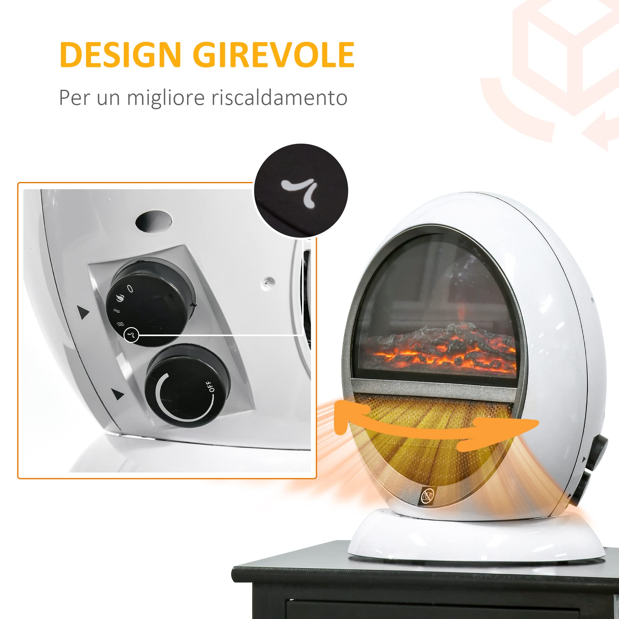 Camino Elettrico HOMCOM - Effetto Fiamma Realistico, 1500W, Riscalda 10-15 M², Bianco