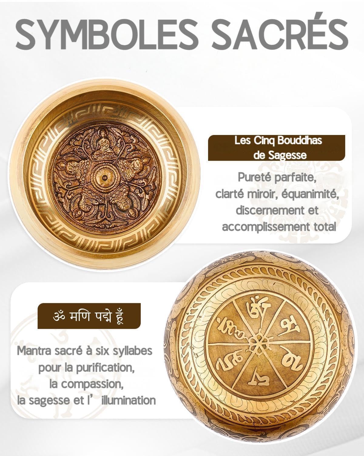 Hihealer Ensemble de Bols Chantants Tibétains Fait Main au Népal - Bol Sonore, Maillet, Coussin et Boîte Cadeau; Méditation, Yoga, Guérison des Chakras (Bouddha, 16cm)