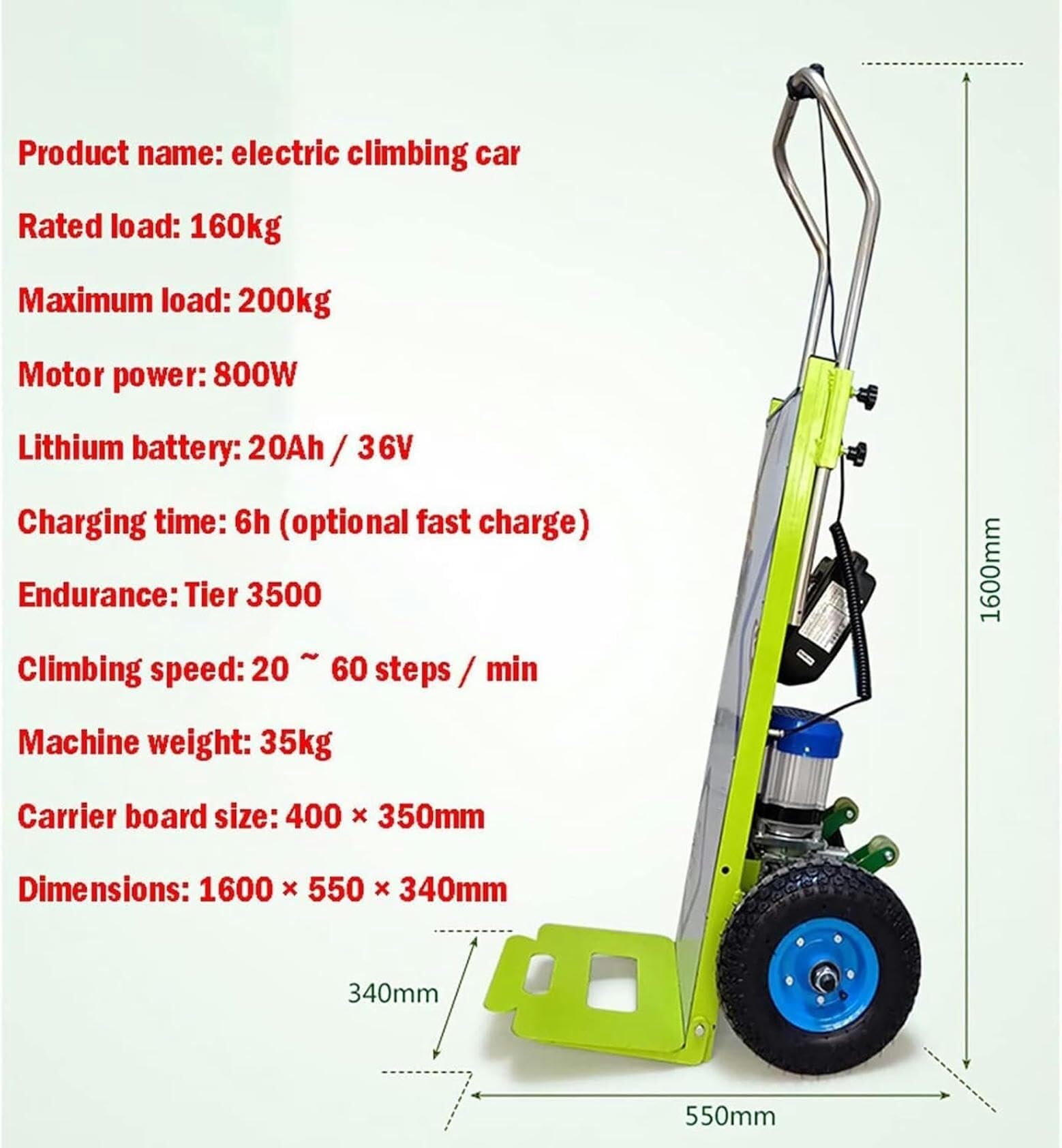 Brouette électrique pour monter les escaliers, moteur 1200 W pliable diable pour escalier