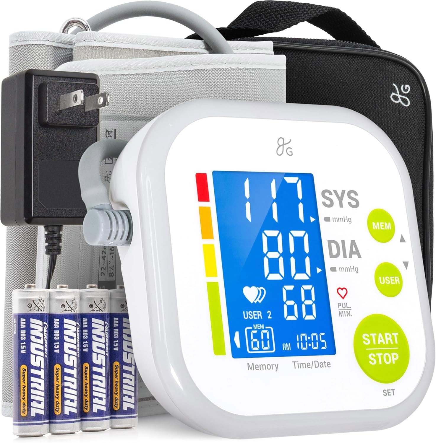 Greater Goods Upper Arm Blood Pressure Monitor with backlit display and complete kit