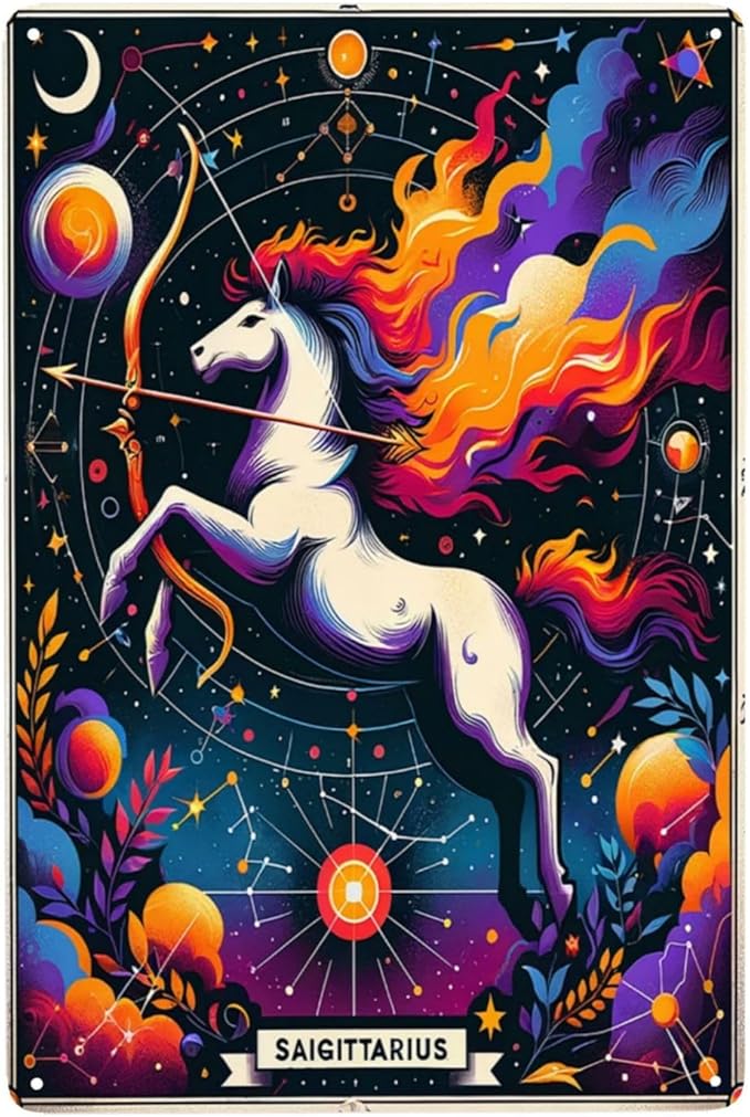 SHUTREW Sagittarius Zodiac Sign Tin Celestial Archer Themed Wall Art Astrological Metal Decor for Home Office Vintage Horoscope Poster Star Enthusiasts Ideal Gift Astrology Lovers 12x8inch