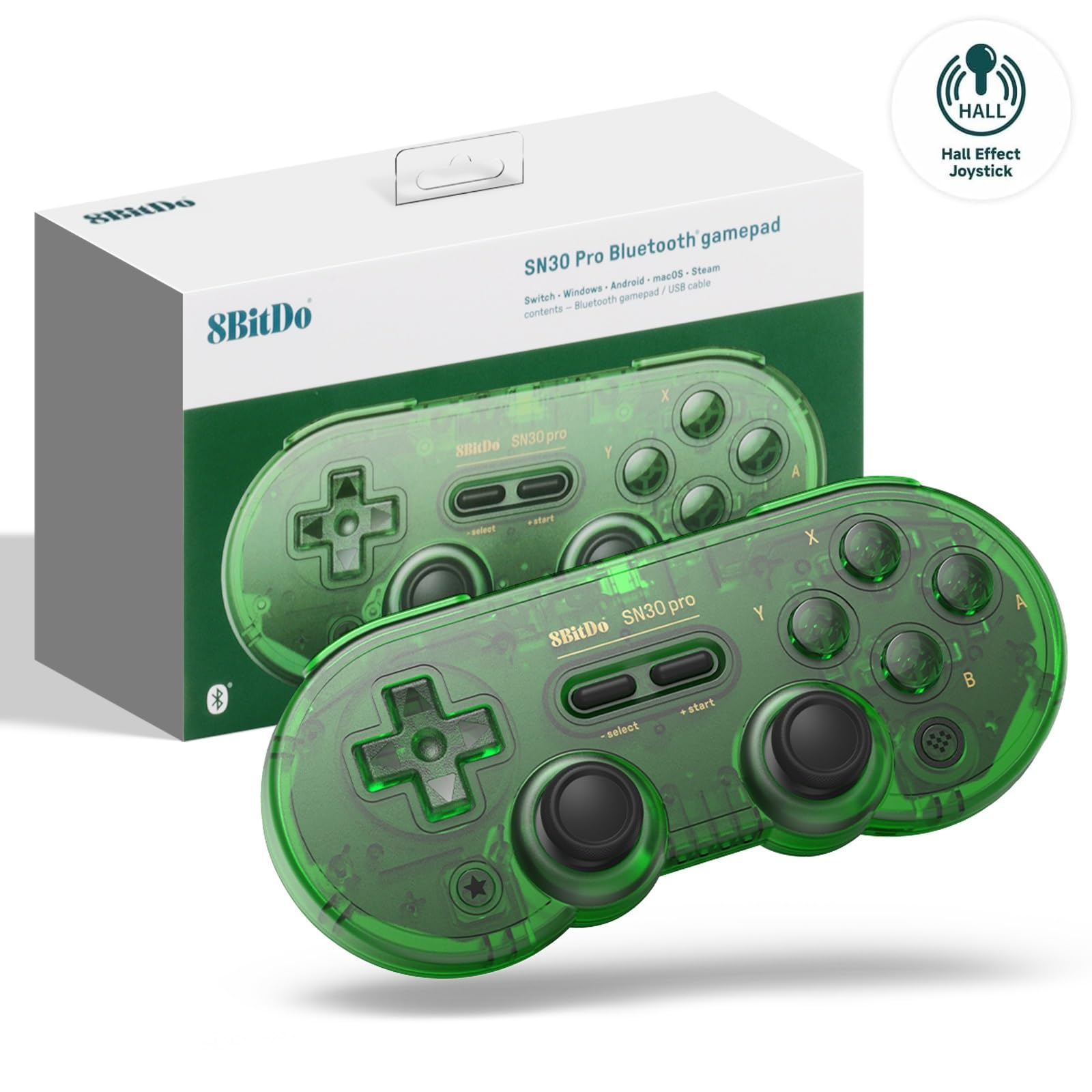 8Bitdo SN30 PRO Bluetooth Game Controller Compatible with Switch PC, Update Hall Effect Joystick Wireless Gamepad for PC, Windows, Android, macOS, Steam, Raspberry Pi (Transparency Green)