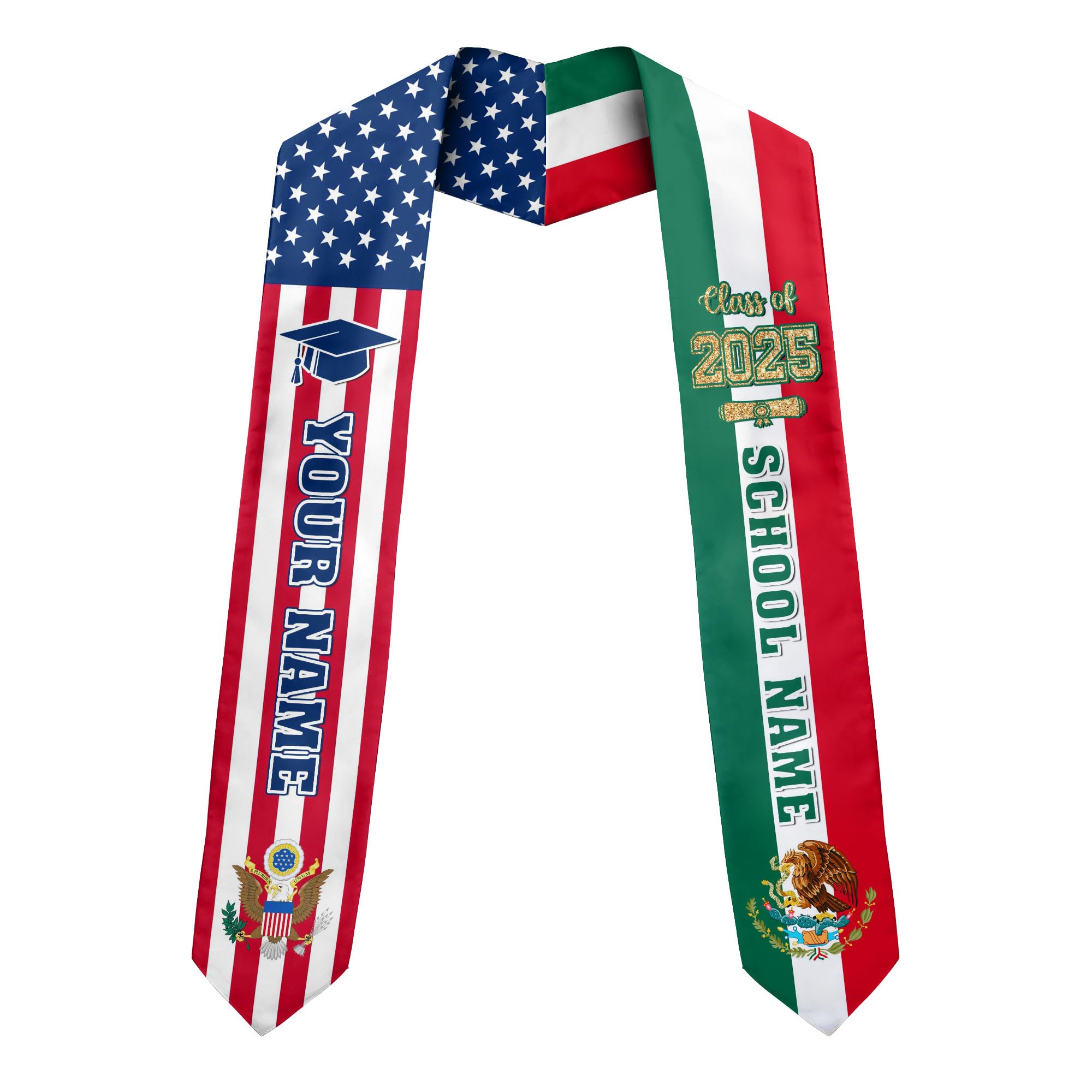 MonkeyVan Personalized Mexican Graduation Sash, Mexican American Flag Graduation Stole Graduation Stole Class Of 2025 Mexico Mxc 7