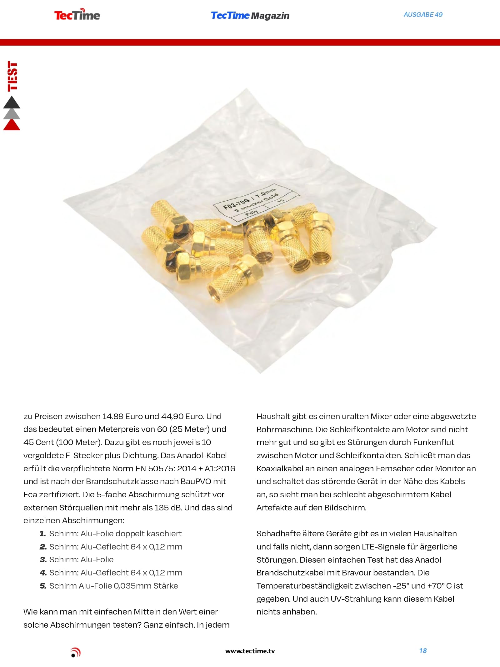 Anadol Câble coaxial anti-incendie avec 10 fiches F plaquées or 5 prises mâles Ø 7 mm 135 dB, blindé 5 fois, standard EN 50575 100 Meter
