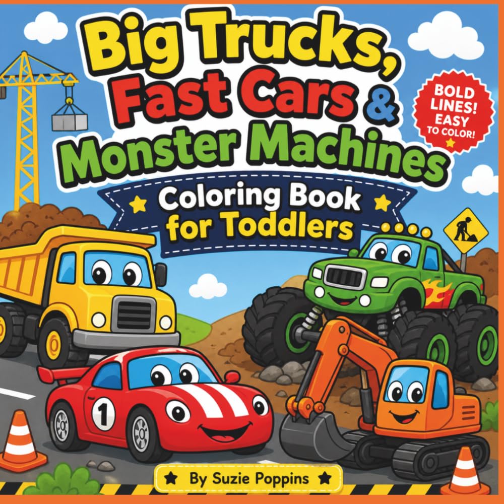 Big Trucks, Fast Cars & Monster Machines Coloring Book for Toddlers: Simple & Easy Coloring Pages with Bold Lines for Little Hands | Fun Trucks, Race Cars & Construction Vehicles