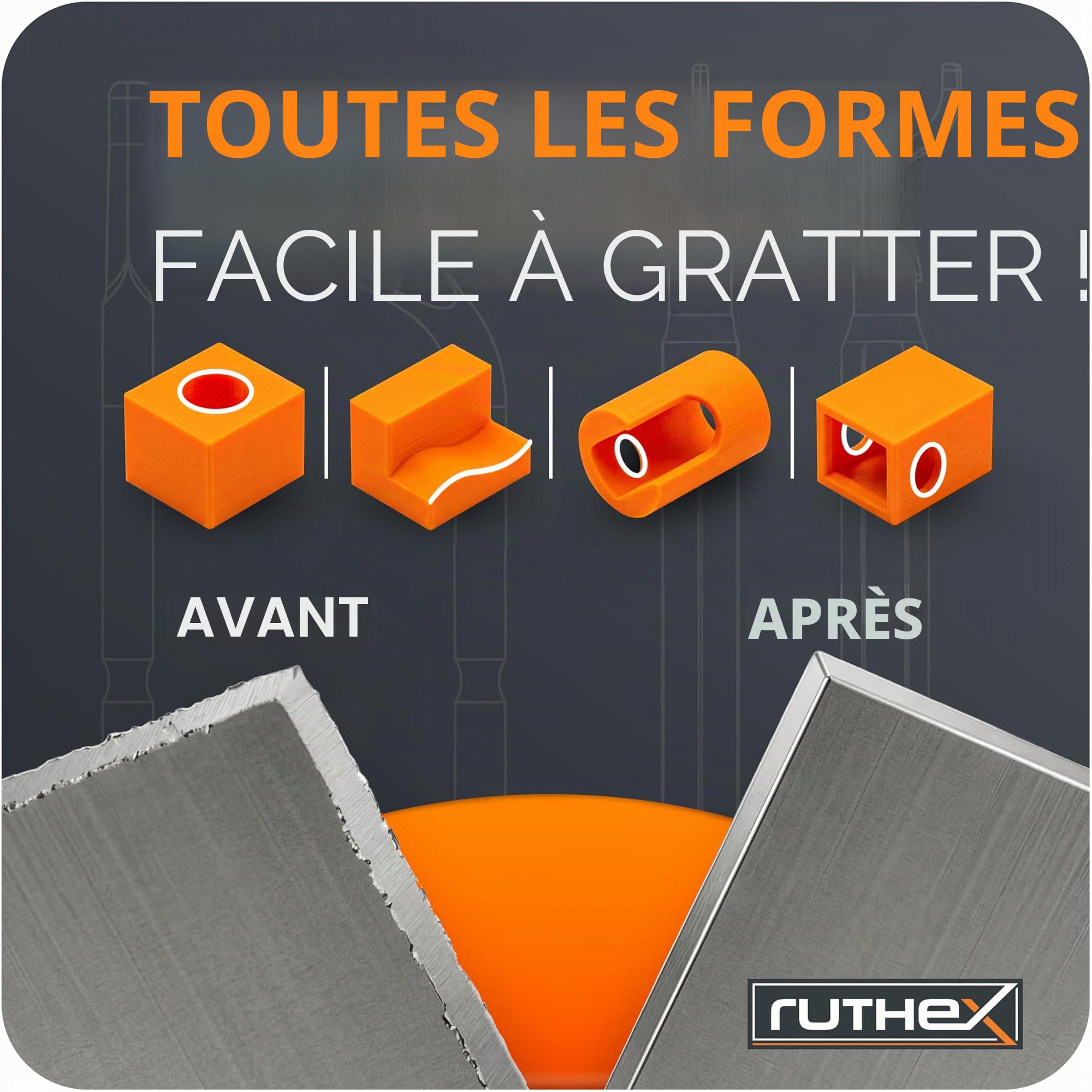 ruthex Ébavureur dans une boîte en métal avec 11 lames pour plastique, métal, acier inoxydable - Idéal en impression 3D - Ébavureur manuel avec compartiment de rangement - Lames d'ébavurage